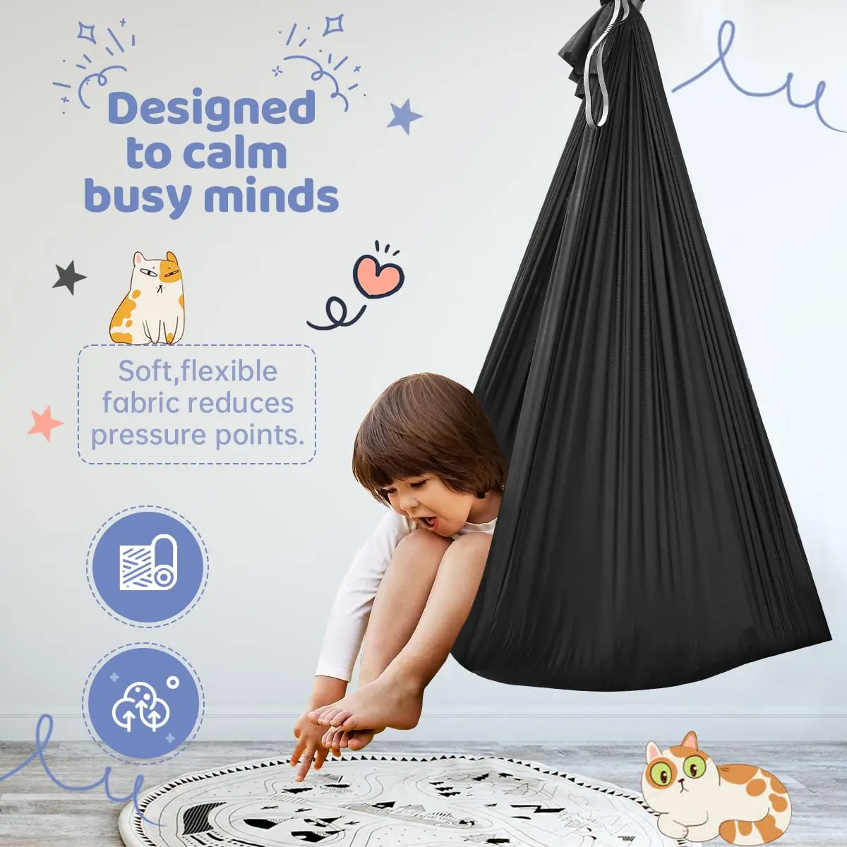 Aokitec Sensory Swing for Kids & Adults, Black Nylon Therapy Hammock Chair | 110"L x 63"W - view 4