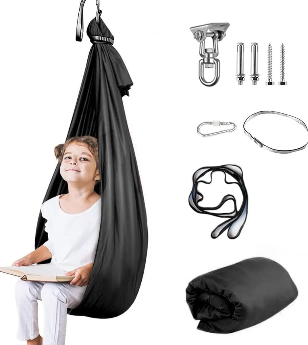 Aokitec Sensory Swing for Kids & Adults, Black Nylon Therapy Hammock Chair | 110"L x 63"W - main product image