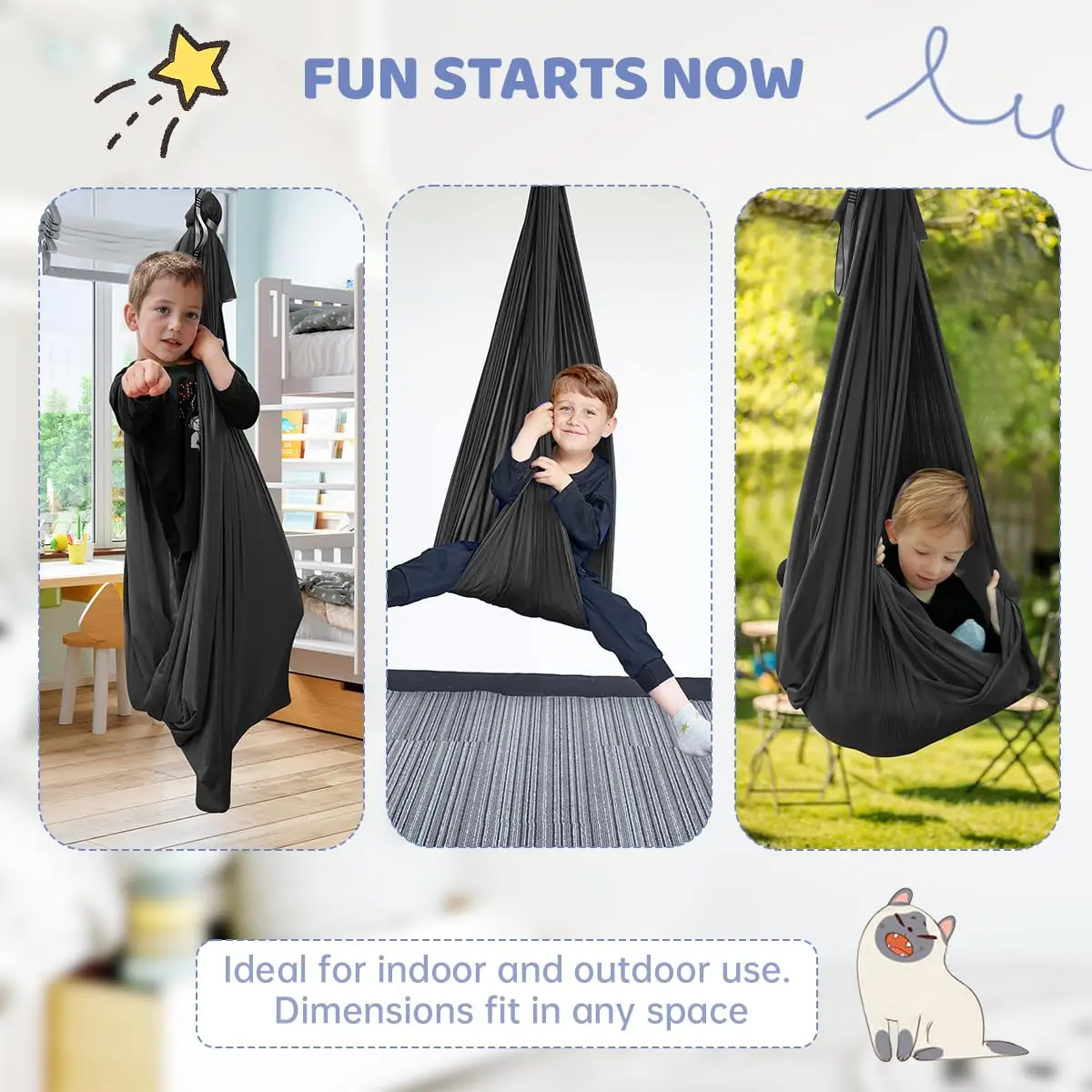 Aokitec Sensory Swing for Kids & Adults, Black Nylon Therapy Hammock Chair | 110"L x 63"W - view 7