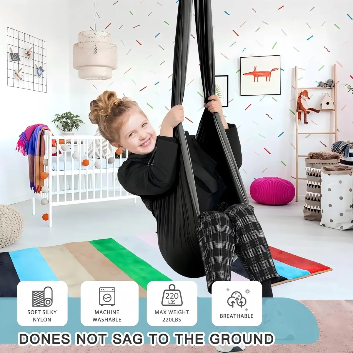Aokitec Sensory Swing for Kids & Adults, Black Nylon Therapy Hammock Chair | 110"L x 63"W - view 2