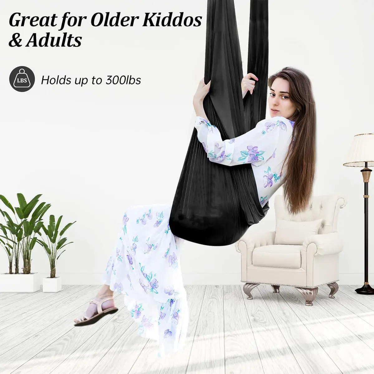 Aokitec Sensory Swing for Kids & Adults, Black Nylon Therapy Hammock Chair | 110"L x 63"W - view 3