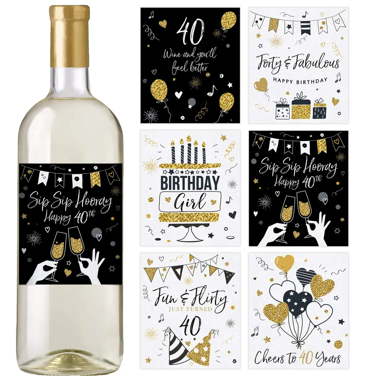Printed Party 40th Birthday Wine Bottle Labels Black and Gold Set of 6 | Waterproof Vinyl Party Decor - main product image