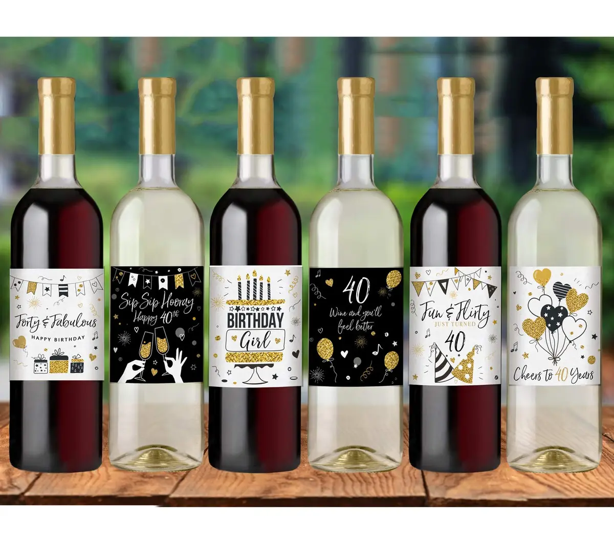 Printed Party 40th Birthday Wine Bottle Labels Black and Gold Set of 6 | Waterproof Vinyl Party Decor - view 5