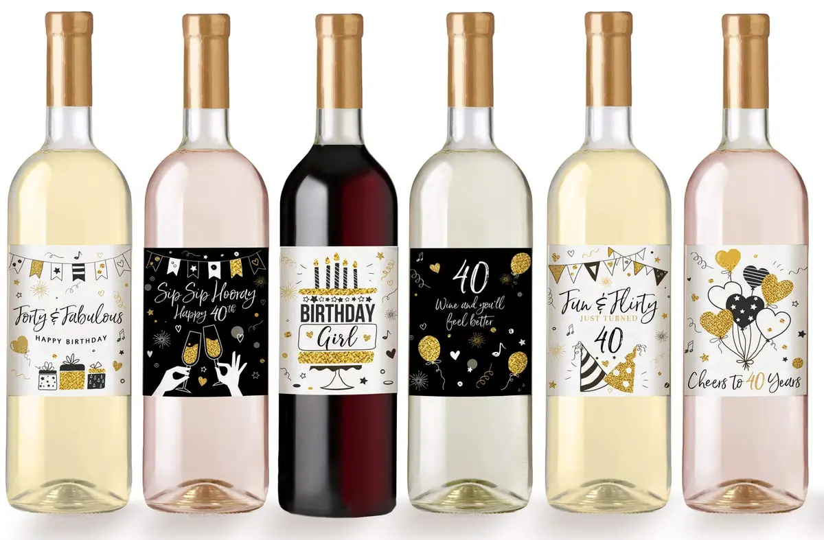Printed Party 40th Birthday Wine Bottle Labels Black and Gold Set of 6 | Waterproof Vinyl Party Decor - view 2