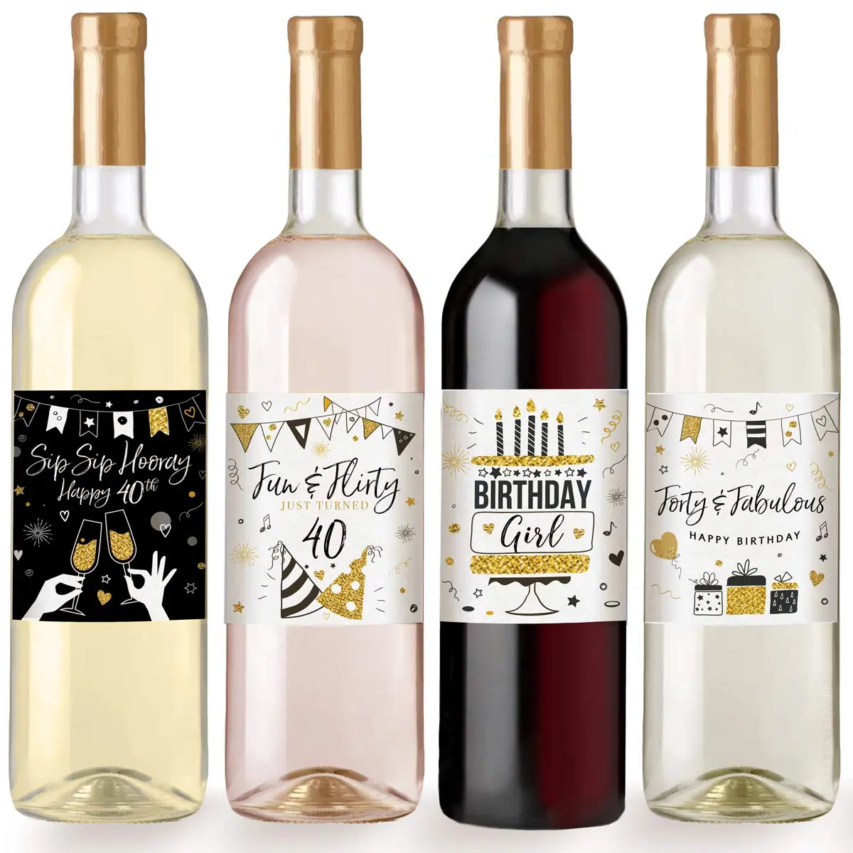 Printed Party 40th Birthday Wine Bottle Labels Black and Gold Set of 6 | Waterproof Vinyl Party Decor - view 3