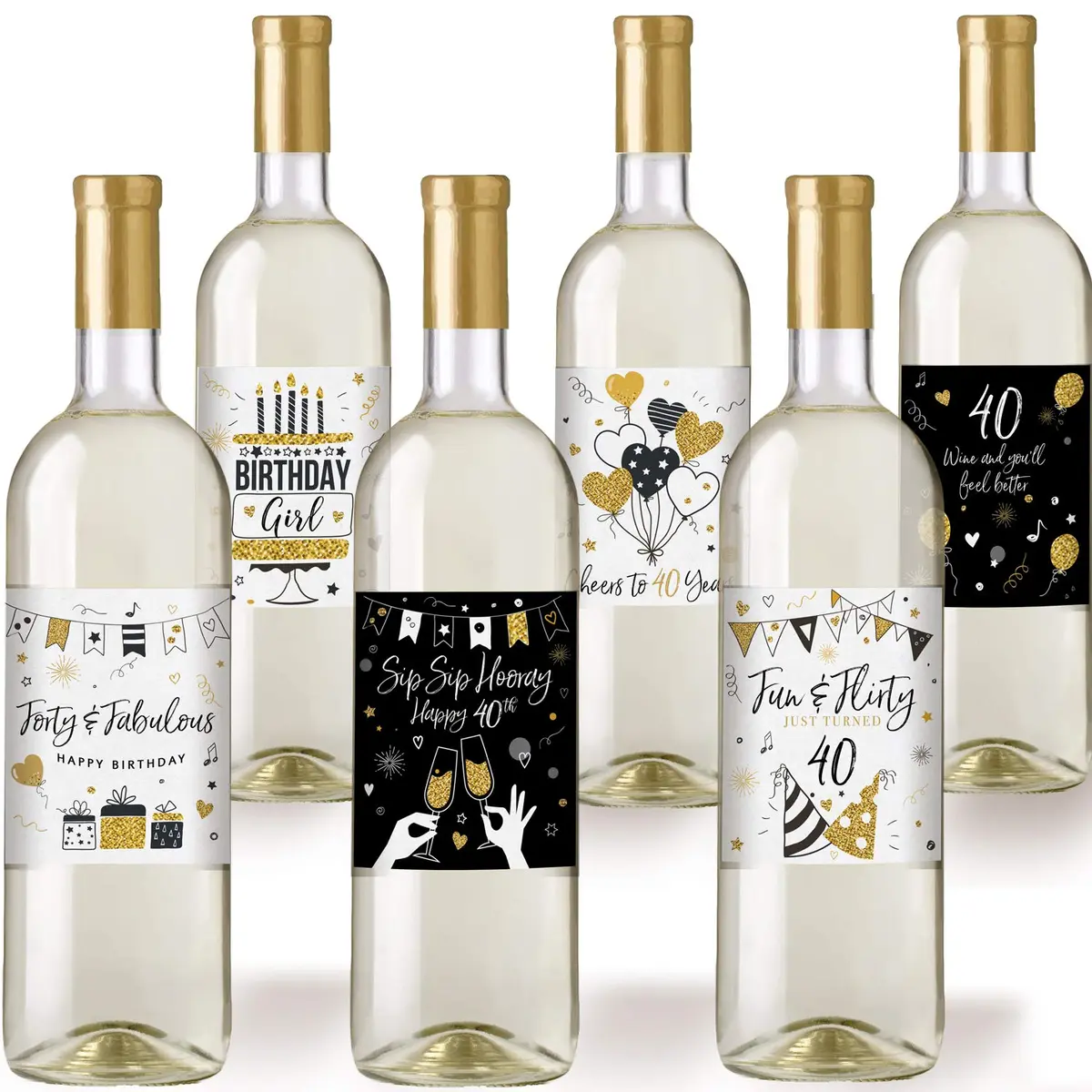 Printed Party 40th Birthday Wine Bottle Labels Black and Gold Set of 6 | Waterproof Vinyl Party Decor - view 4