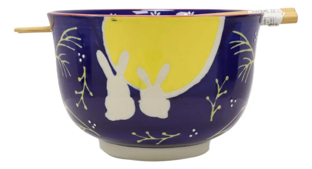 Ebros Gift Whimsical 2 Bunny Rabbits Jumping Over A Full Yellow Moon Soup Bowl 6.25" Diameter | Whimsical Asian Dining Decor - main product image