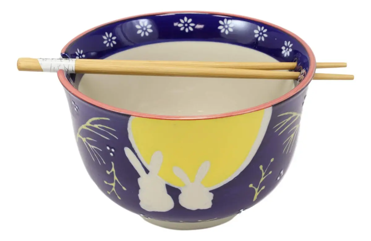 Ebros Gift Whimsical 2 Bunny Rabbits Jumping Over A Full Yellow Moon Soup Bowl 6.25" Diameter | Whimsical Asian Dining Decor - view 5