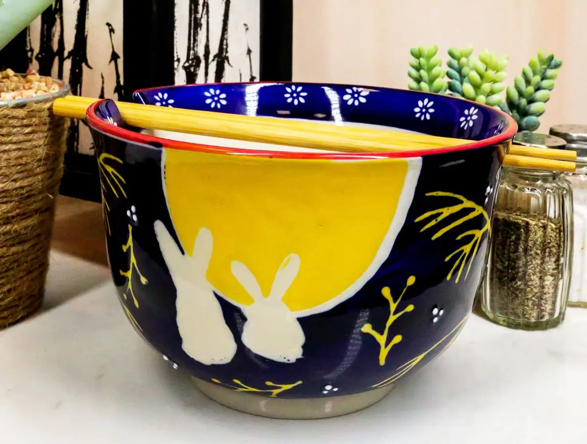 Ebros Gift Whimsical 2 Bunny Rabbits Jumping Over A Full Yellow Moon Soup Bowl 6.25" Diameter | Whimsical Asian Dining Decor - view 2