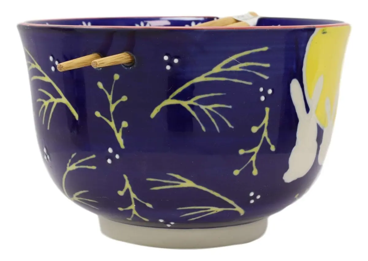 Ebros Gift Whimsical 2 Bunny Rabbits Jumping Over A Full Yellow Moon Soup Bowl 6.25" Diameter | Whimsical Asian Dining Decor - view 4