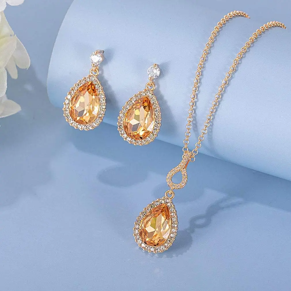 EVEVIC Austrian Crystal Teardrop Necklace and Earrings Set for Women | Elegant Gold Finish, Sparkling Brilliance, Perfect for Weddings & Gifts - view 5