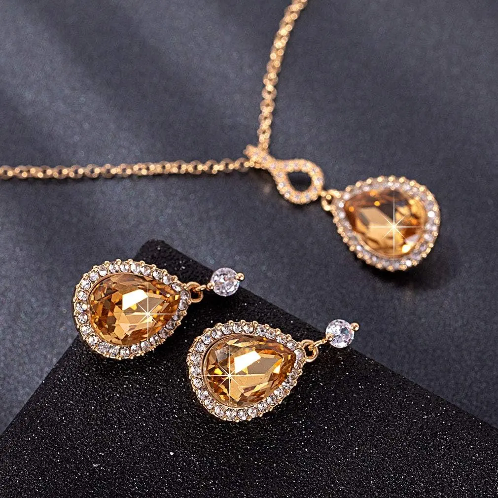 EVEVIC Austrian Crystal Teardrop Necklace and Earrings Set for Women | Elegant Gold Finish, Sparkling Brilliance, Perfect for Weddings & Gifts - view 3