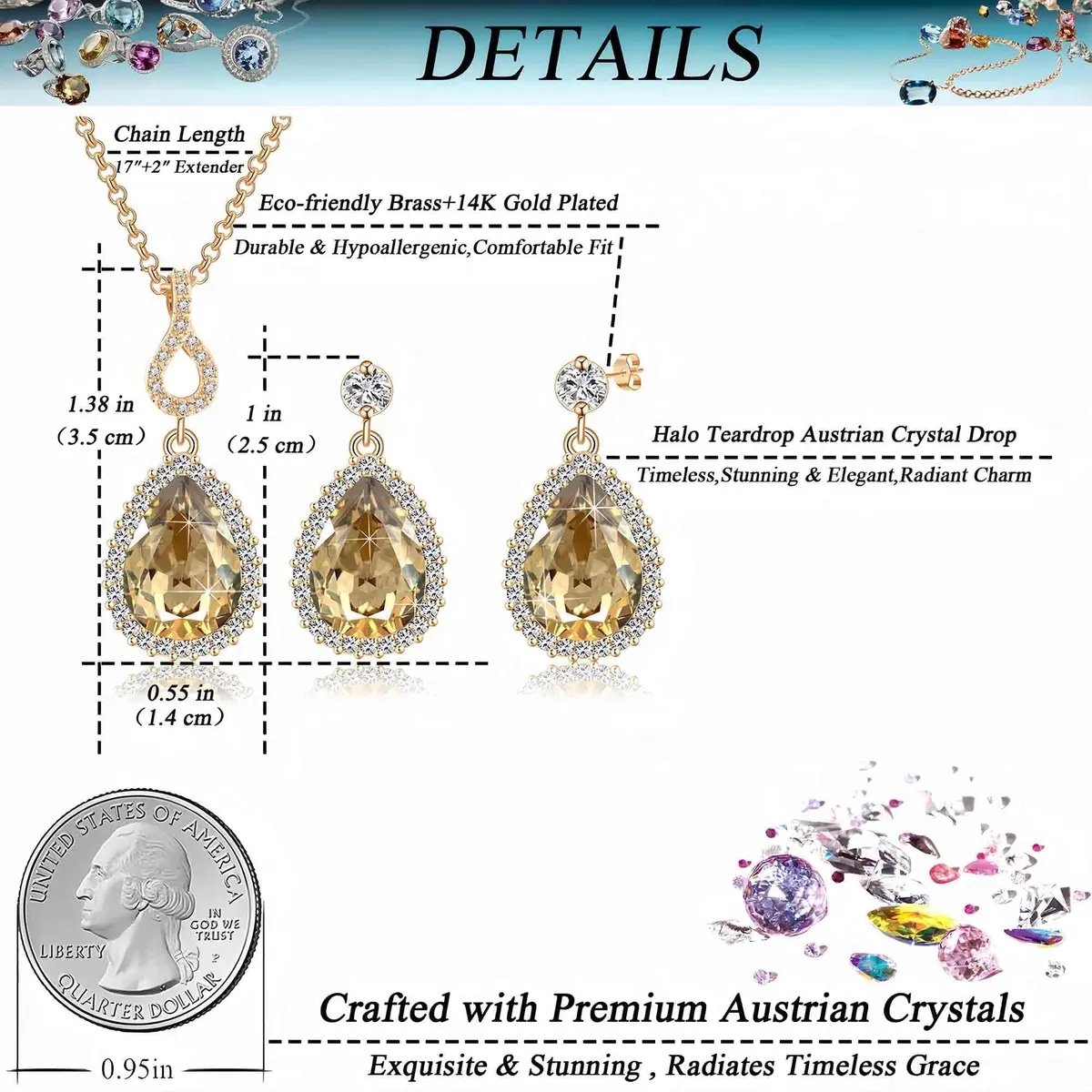 EVEVIC Austrian Crystal Teardrop Necklace and Earrings Set for Women | Elegant Gold Finish, Sparkling Brilliance, Perfect for Weddings & Gifts - view 4