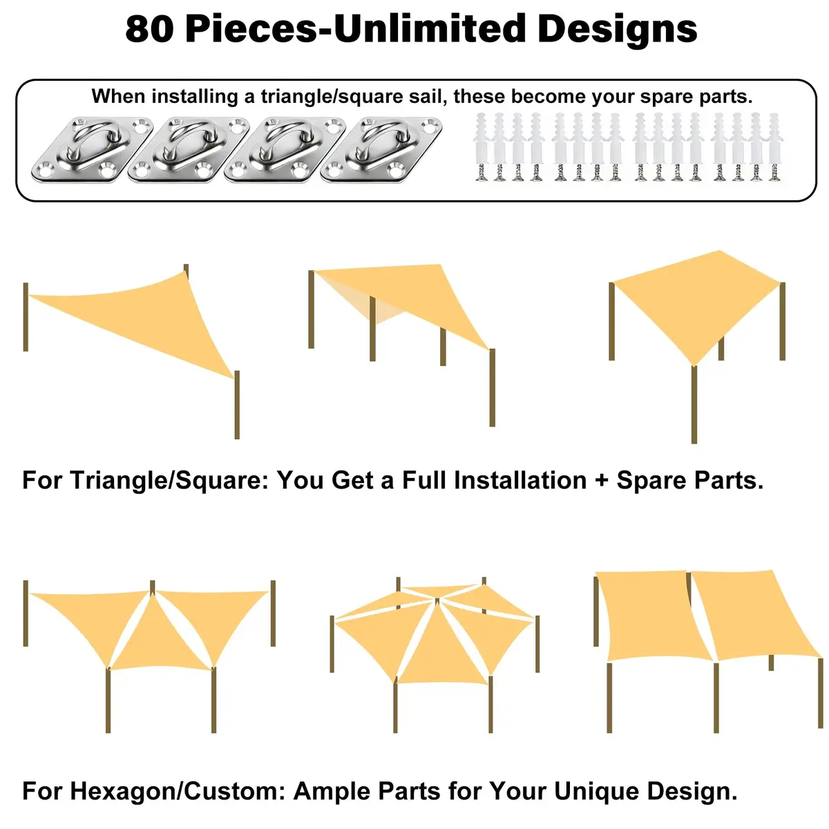 YOFIT 80-Piece Shade Sail Hardware Kit 6-8.4 inch Adjustable Turnbuckles (1.5 lb / 0.7 kg) | Heavy-Duty 304 Stainless Steel for Triangle & Rectangle Sails - view 2