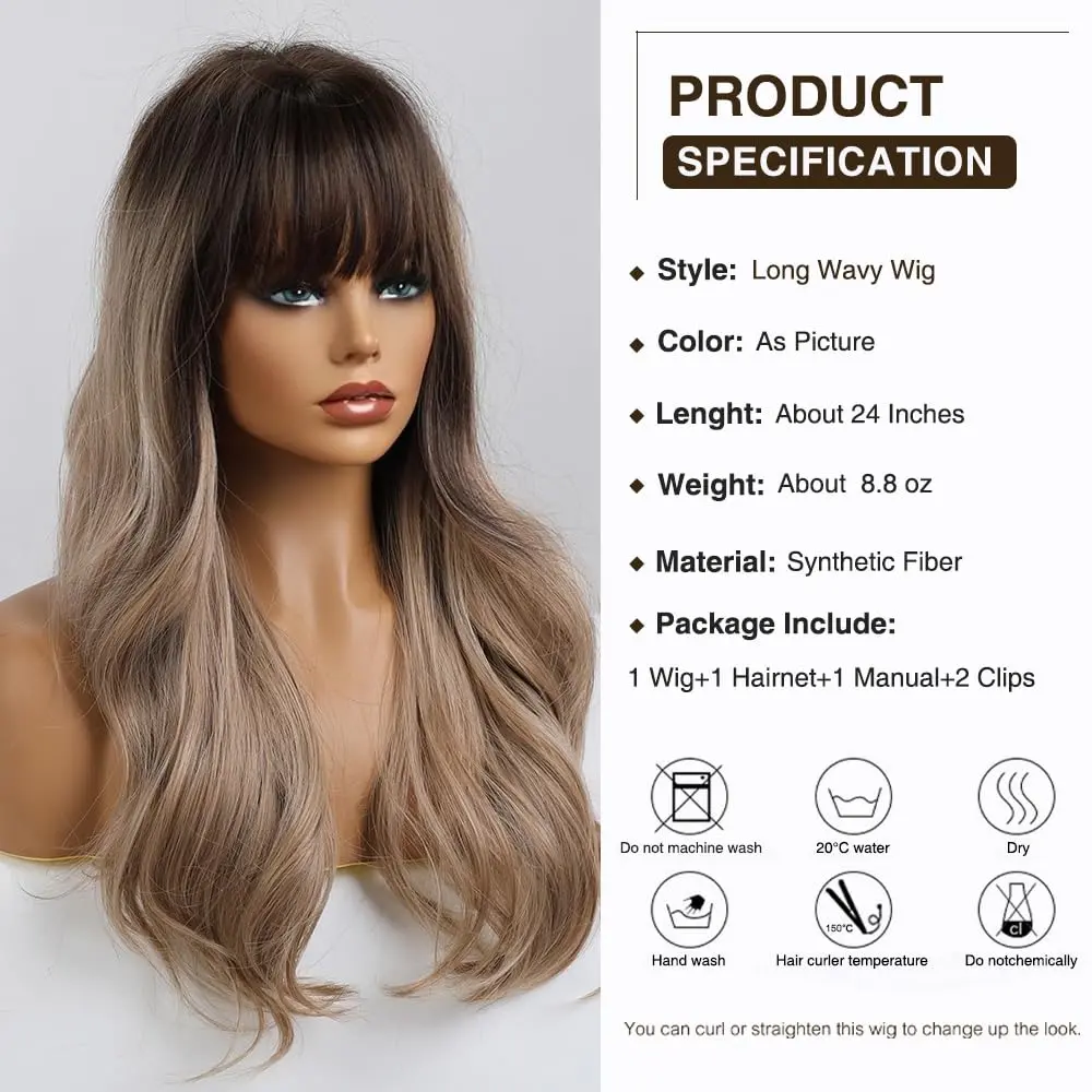 Esmee 24" Long Wavy Synthetic Dark Blonde Wig with Bangs | Natural Look & Heat-Resistant - view 2