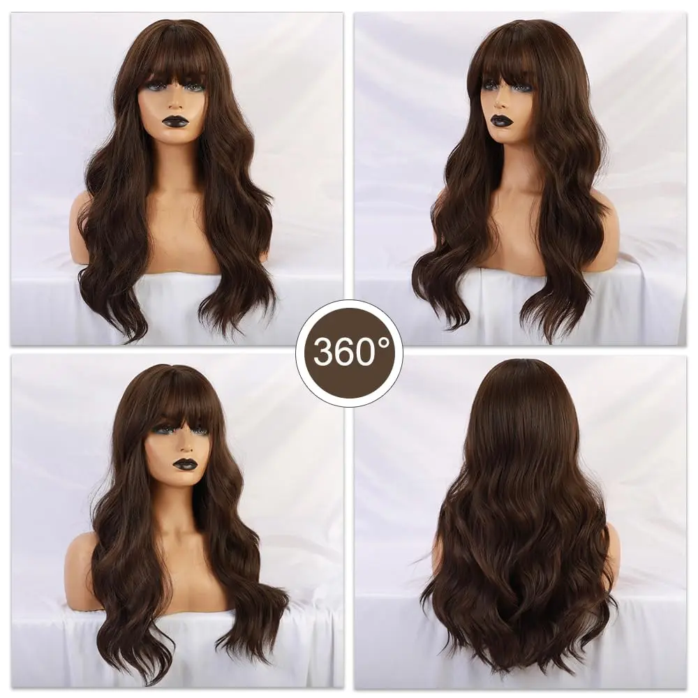 Esmee 24" Long Wavy Synthetic Dark Brown Wig with Bangs | Natural Look & Heat Resistant - view 5