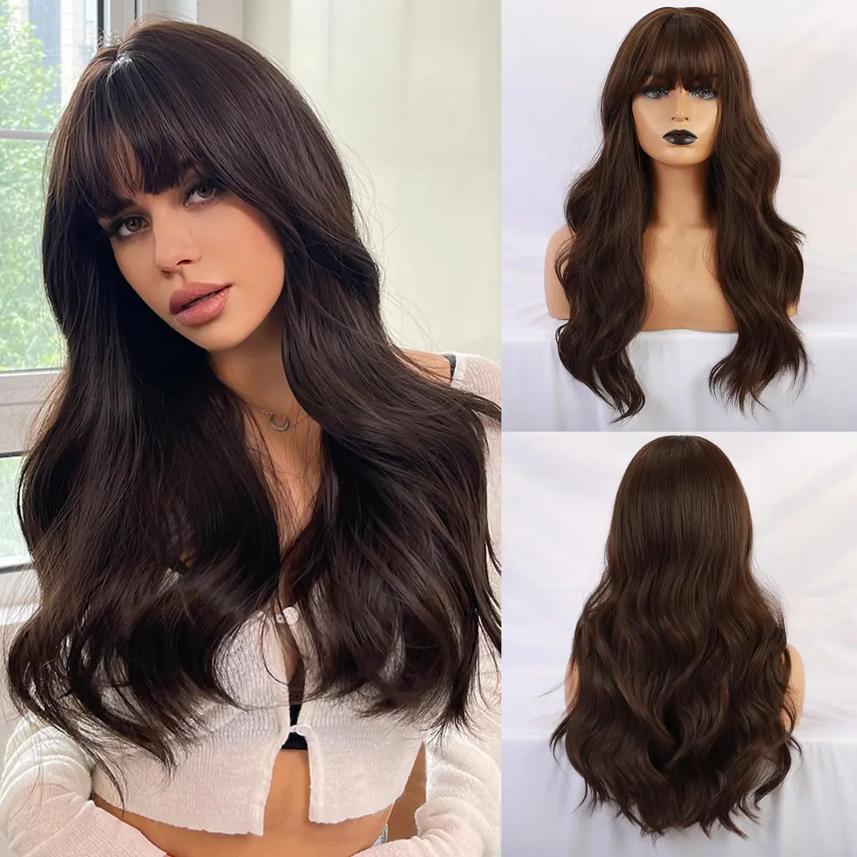 Esmee 24" Long Wavy Synthetic Dark Brown Wig with Bangs | Natural Look & Heat Resistant - main product image