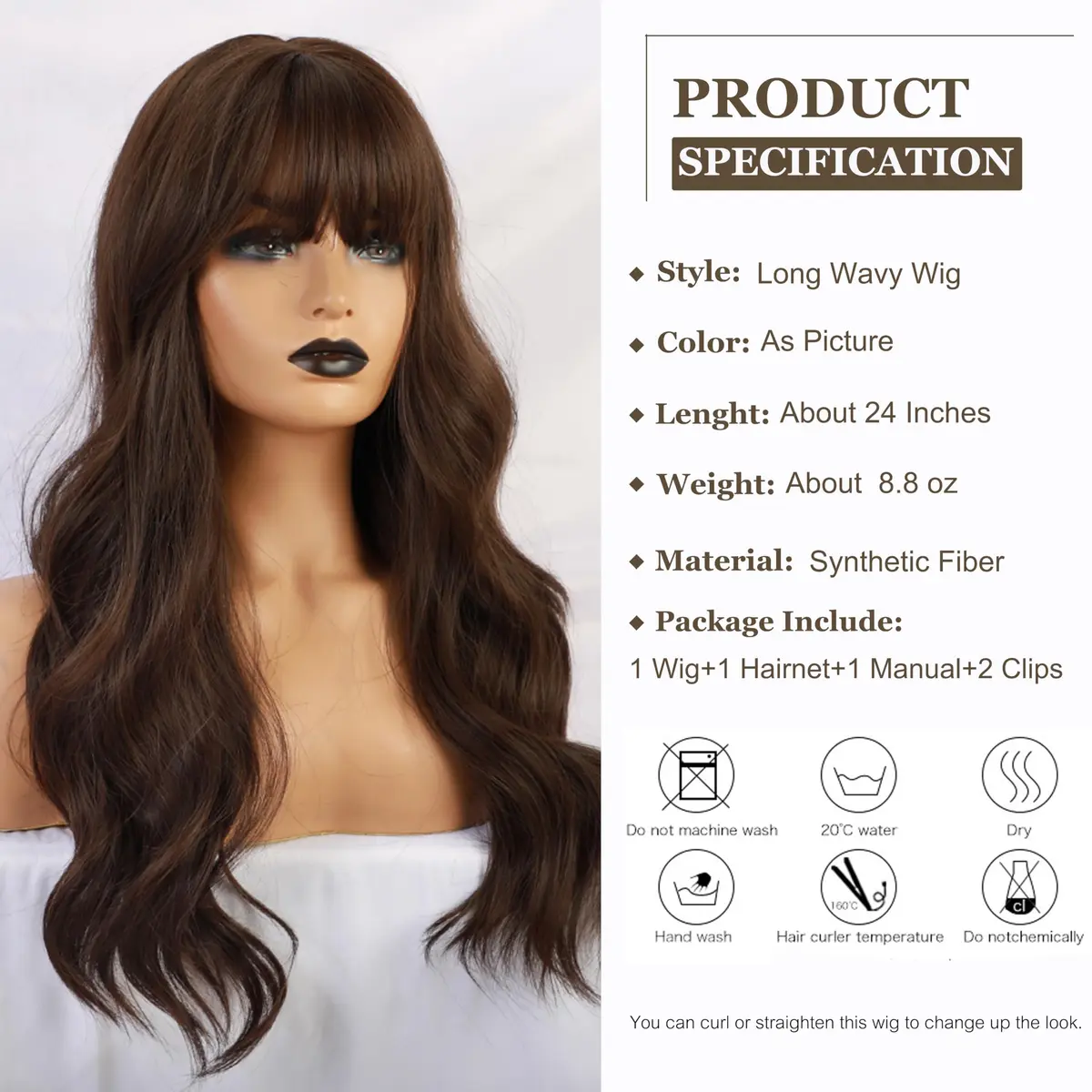 Esmee 24" Long Wavy Synthetic Dark Brown Wig with Bangs | Natural Look & Heat Resistant - view 2