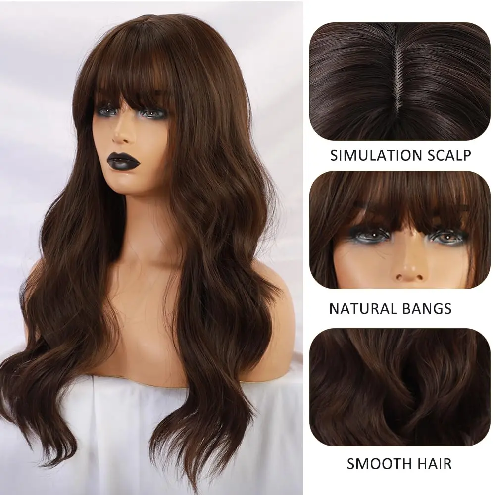 Esmee 24" Long Wavy Synthetic Dark Brown Wig with Bangs | Natural Look & Heat Resistant - view 3