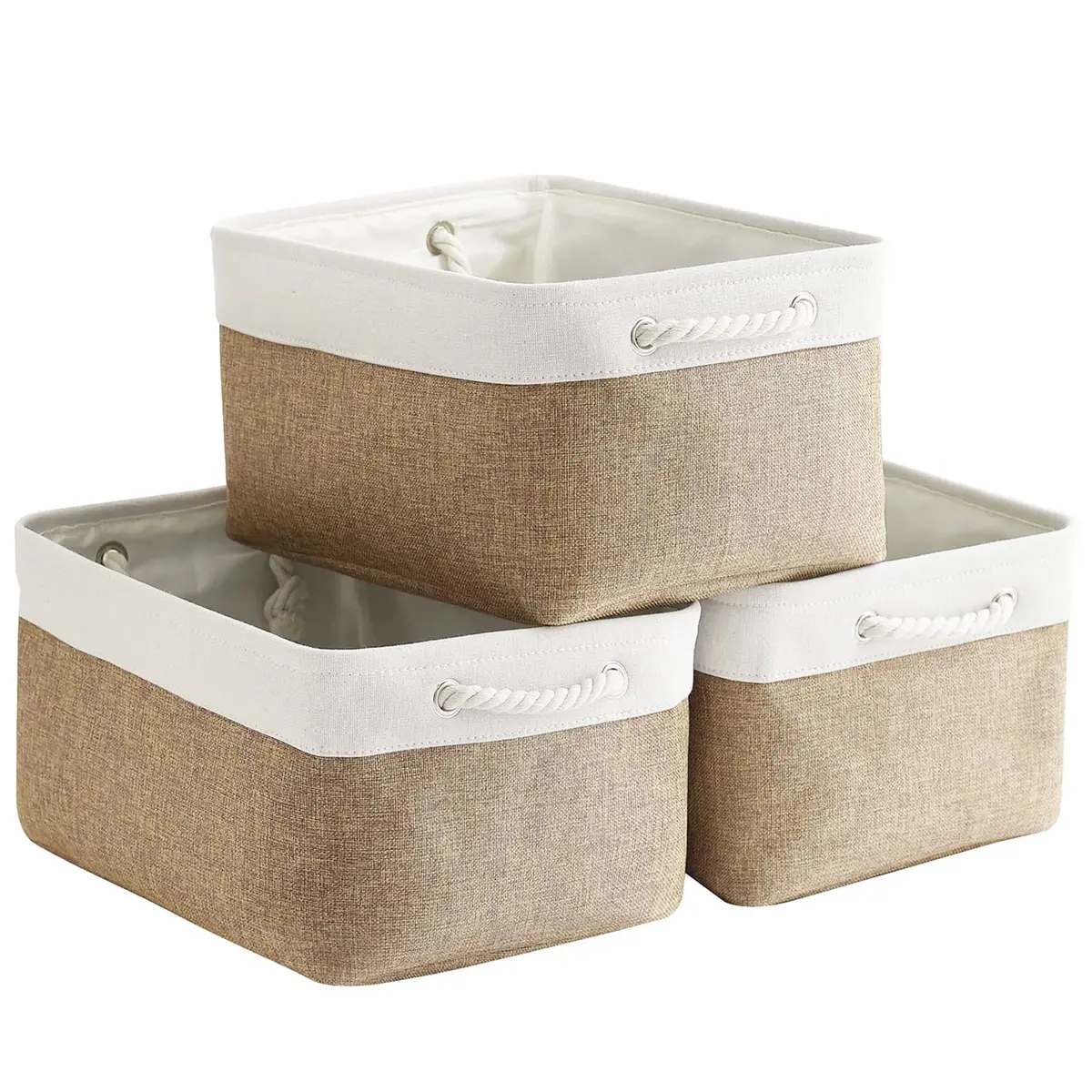 Sacyic Fabric Storage Baskets - Set of 3 Rectangular Bins with Drawstring Closure, 39.5cm (15.5in) L x 31cm (12.2in) W x 19.8cm (7.8in) H | Modern White & Khaki - main product image