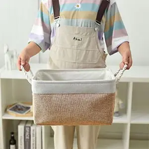 Sacyic Fabric Storage Baskets - Set of 3 Rectangular Bins with Drawstring Closure, 39.5cm (15.5in) L x 31cm (12.2in) W x 19.8cm (7.8in) H | Modern White & Khaki - view 6