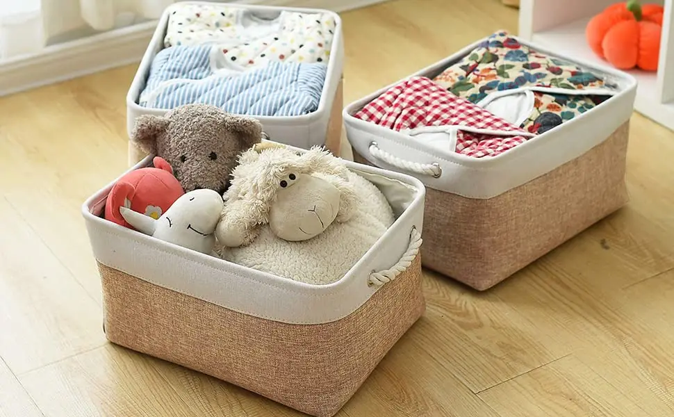 Sacyic Fabric Storage Baskets - Set of 3 Rectangular Bins with Drawstring Closure, 39.5cm (15.5in) L x 31cm (12.2in) W x 19.8cm (7.8in) H | Modern White & Khaki - view 7