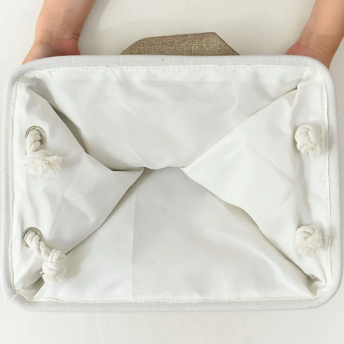 Sacyic Fabric Storage Baskets - Set of 3 Rectangular Bins with Drawstring Closure, 39.5cm (15.5in) L x 31cm (12.2in) W x 19.8cm (7.8in) H | Modern White & Khaki - view 8