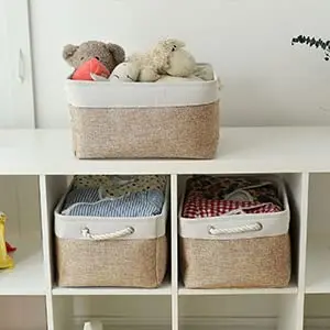 Sacyic Fabric Storage Baskets - Set of 3 Rectangular Bins with Drawstring Closure, 39.5cm (15.5in) L x 31cm (12.2in) W x 19.8cm (7.8in) H | Modern White & Khaki - view 2