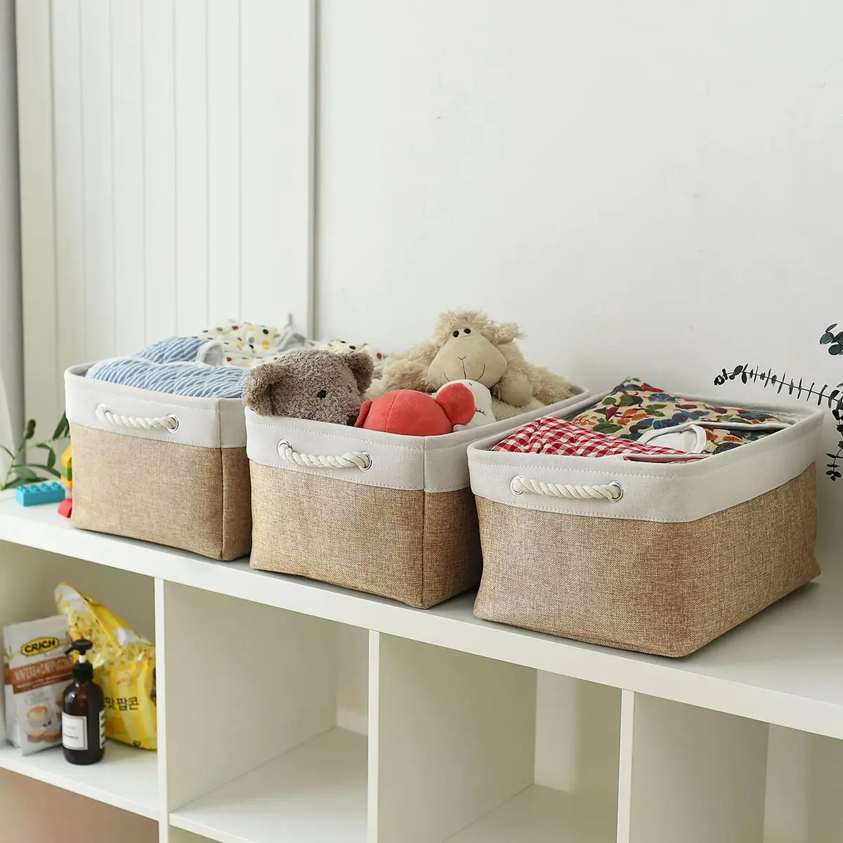 Sacyic Fabric Storage Baskets - Set of 3 Rectangular Bins with Drawstring Closure, 39.5cm (15.5in) L x 31cm (12.2in) W x 19.8cm (7.8in) H | Modern White & Khaki - view 3