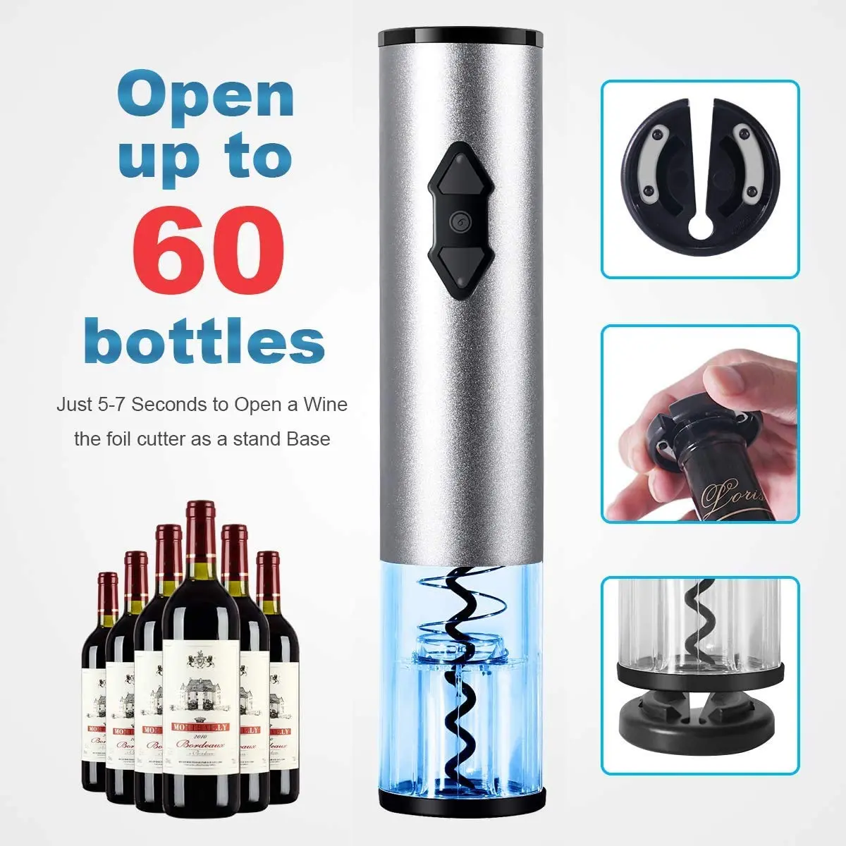 Kavydens Electric Wine Opener, Cordless Bottle Opener with Foil Cutter | Battery Operated, Stainless Steel, Blue LED Lights - view 4