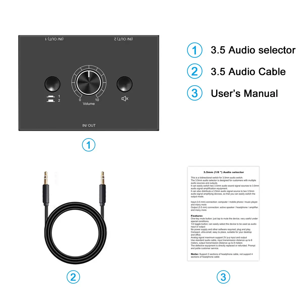 Y.D.F 3.5mm Stereo Audio Switcher Box with Mute Function | 2-In-1-Out Bidirectional Selector for Headphones & Speakers - view 8