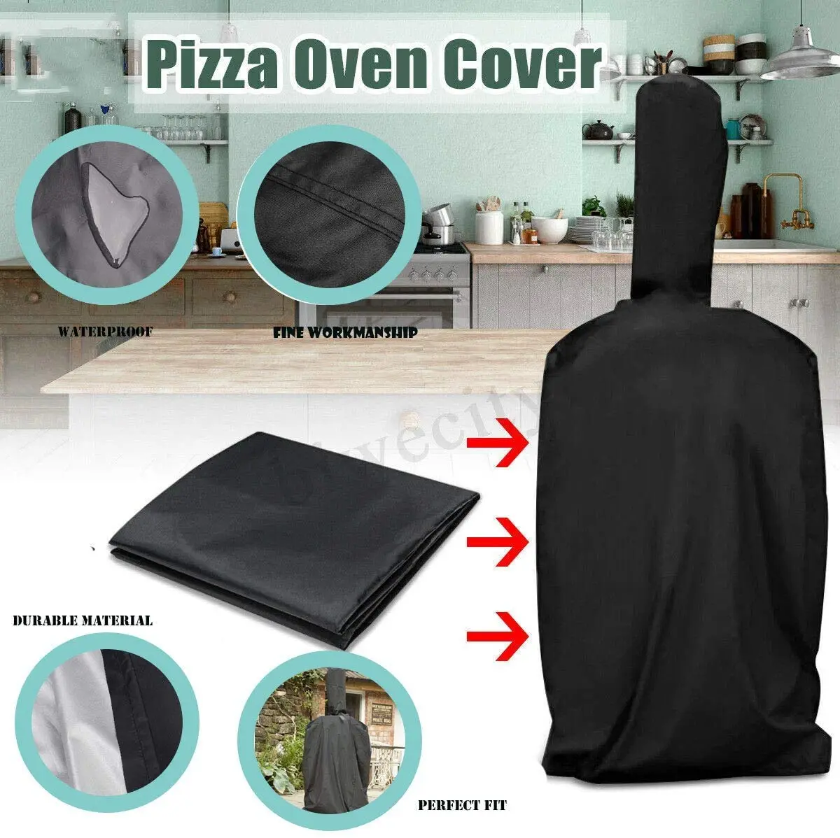 J&C Outdoor Pizza Oven Cover - Black Weather Resistant 160x50x37cm (62.5x19.5x14.5in) | Protects from Rain, Snow, Dust - view 3