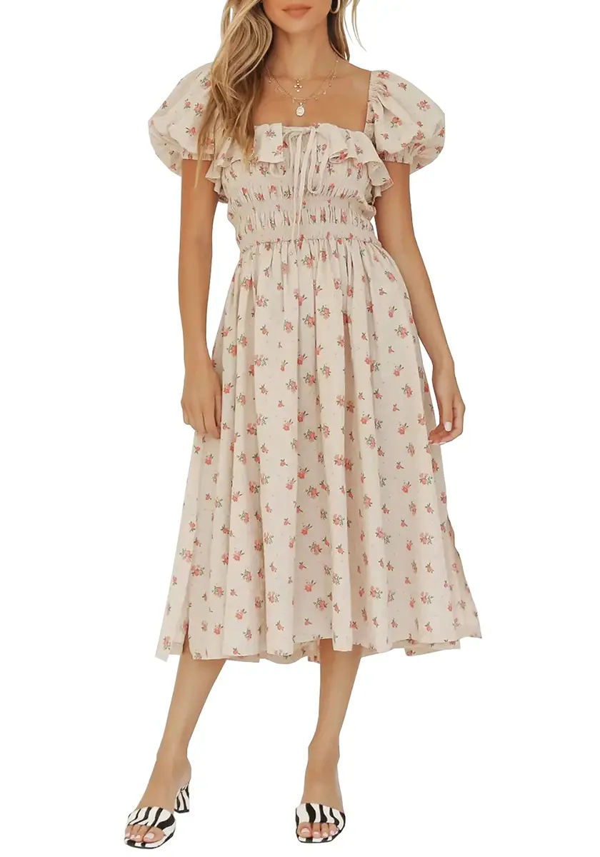 R.Vivimos Womens Summer Floral Print Midi Dress XL Beige | Vintage Puff Sleeves - main product image