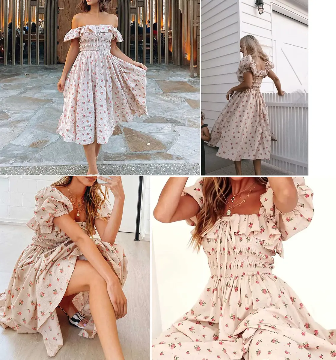 R.Vivimos Womens Summer Floral Print Midi Dress XL Beige | Vintage Puff Sleeves - view 5