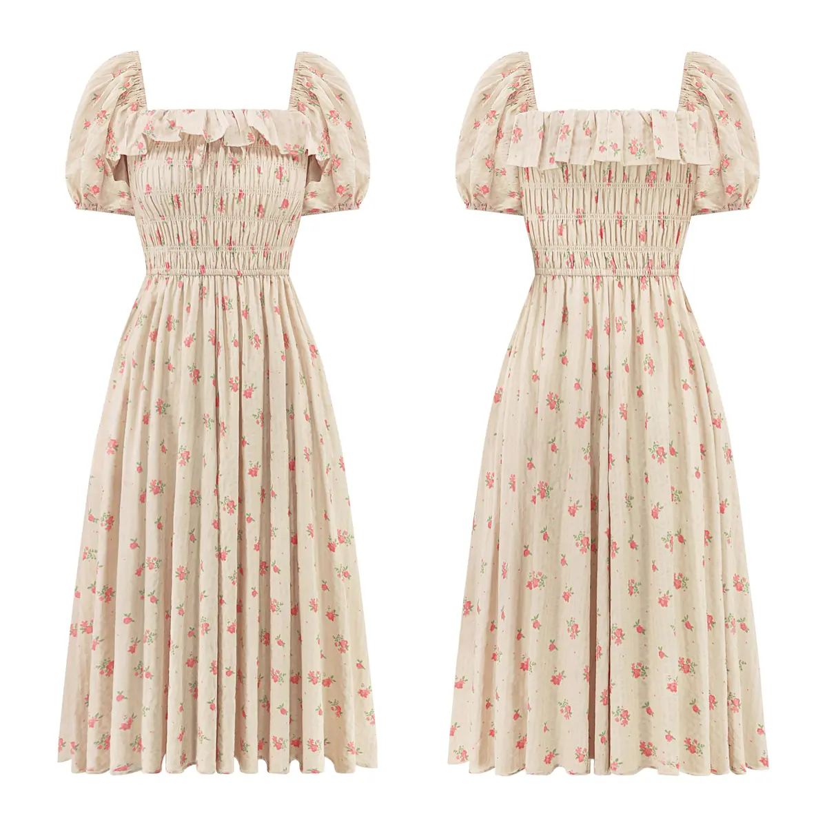 R.Vivimos Womens Summer Floral Print Midi Dress XL Beige | Vintage Puff Sleeves - view 6