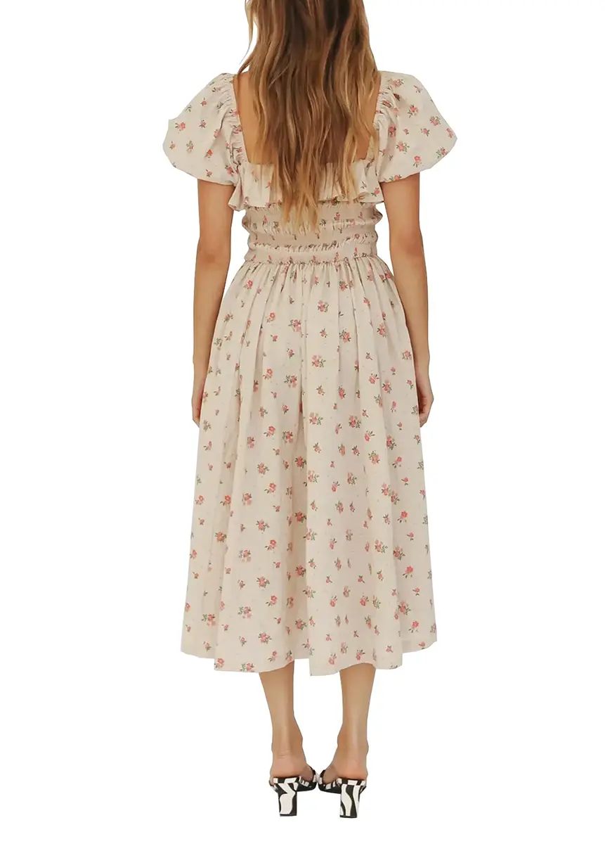 R.Vivimos Womens Summer Floral Print Midi Dress XL Beige | Vintage Puff Sleeves - view 2