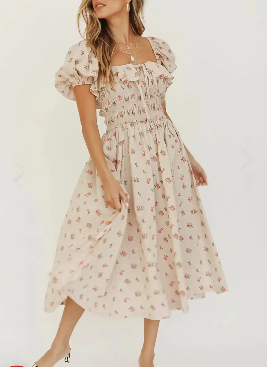 R.Vivimos Womens Summer Floral Print Midi Dress XL Beige | Vintage Puff Sleeves - view 3