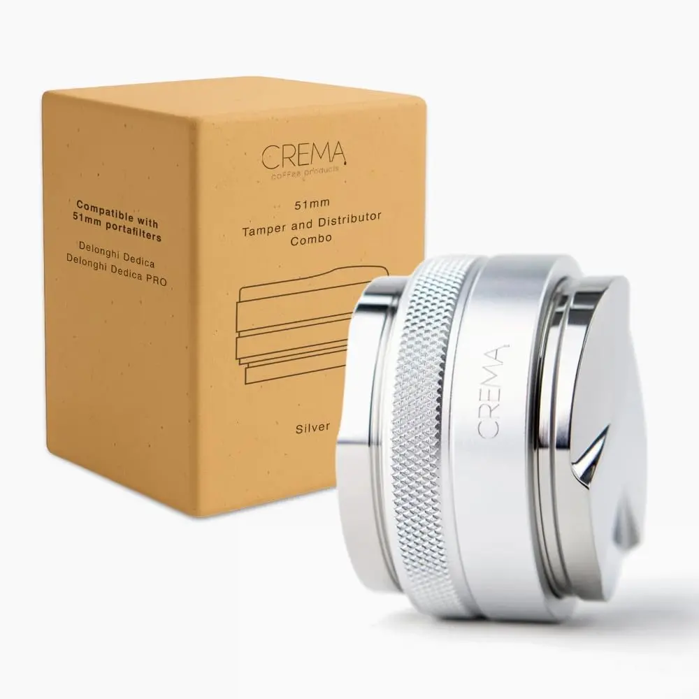 CREMA Coffee Products 51mm Hand Tamper & Coffee Distributor for Delonghi | Compatible w/any 51mm | Double-Sided, Adjustable Depth Tool | Durable 304 Stainless Steel | Silver - main product image