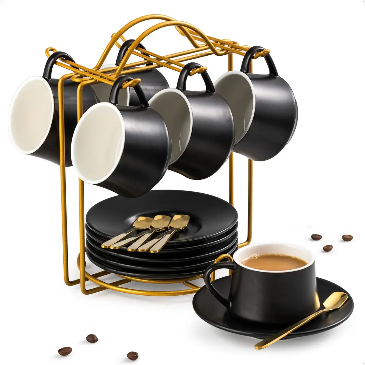 YHOSSEUN Black 4 oz Drinking Cup Set of 6 | Elegant Espresso & Coffee Cups with Stand - main product image