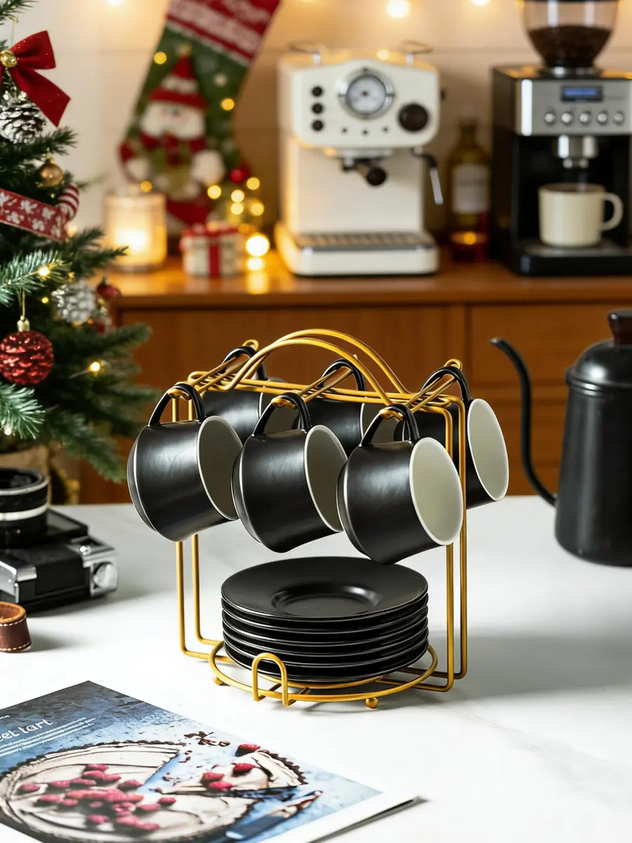 YHOSSEUN Black 4 oz Drinking Cup Set of 6 | Elegant Espresso & Coffee Cups with Stand - view 5