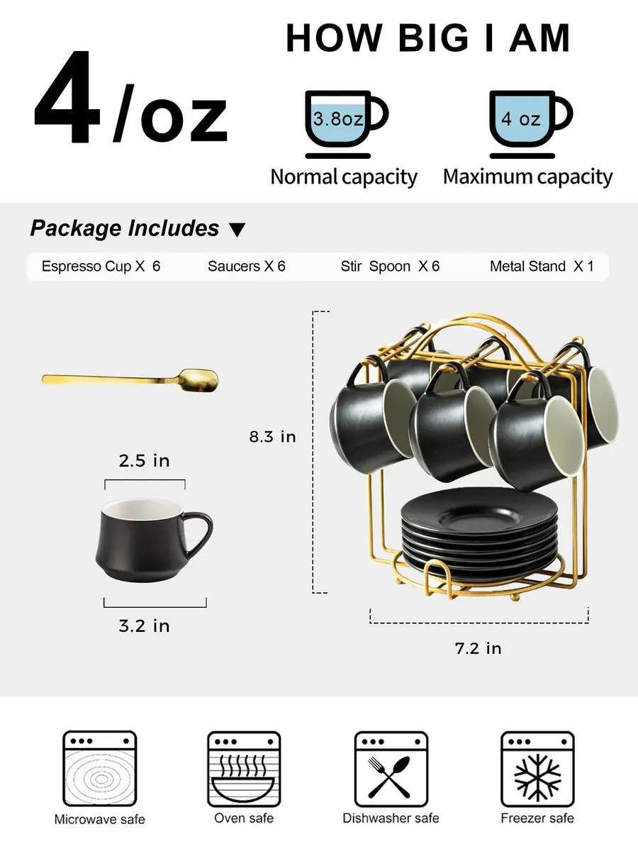 YHOSSEUN Black 4 oz Drinking Cup Set of 6 | Elegant Espresso & Coffee Cups with Stand - view 2