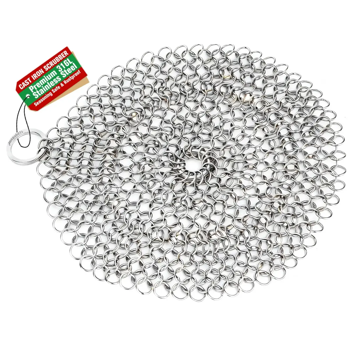 AMAGABELI GARDEN & HOME 8-inch Round Chainmail Scrubber | 316L Stainless Steel for Cast Iron Pans - main product image