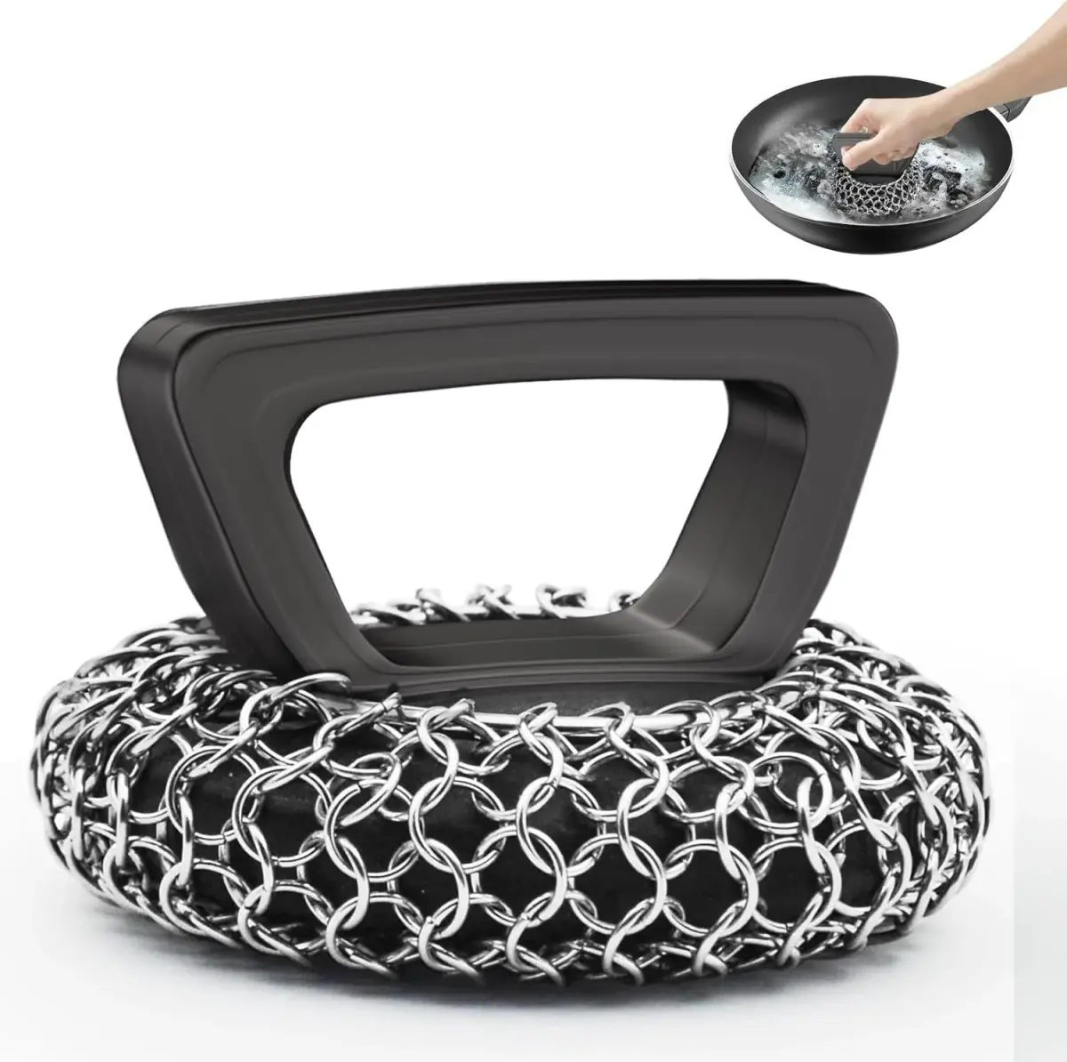 Amagabeli Cast Iron Cleaner with Handle Stainless Steel Chainmail Pan Scrubber 25cm x 25cm (10" x 10") | Machine Soldered for Durability - main product image