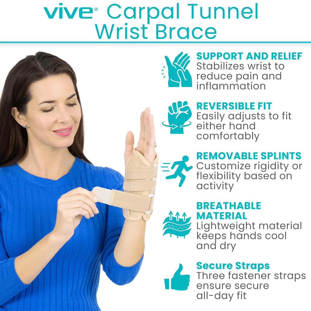 Vive Carpal Tunnel Wrist Brace with Splint for Left or Right Hand | Adjustable Support for Wrist Pain Relief - view 2