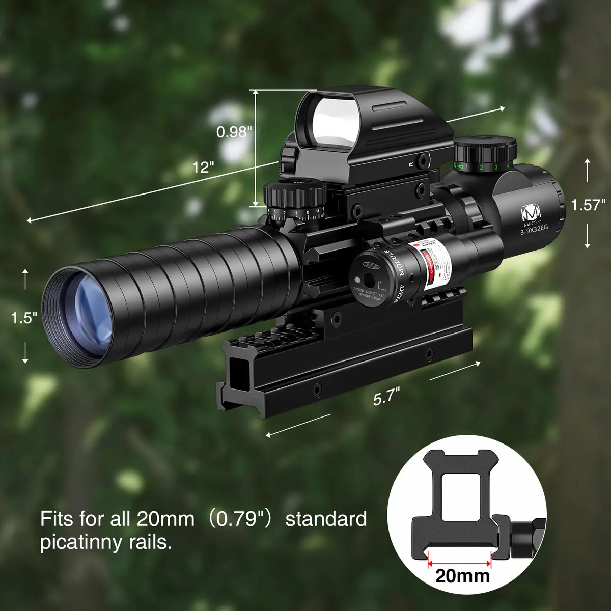 MidTen 3-9x32 4-in-1 Scope Combo with Dual Illuminated Scope Optics & Laser Rangefinder | Aim & Shoot - view 7