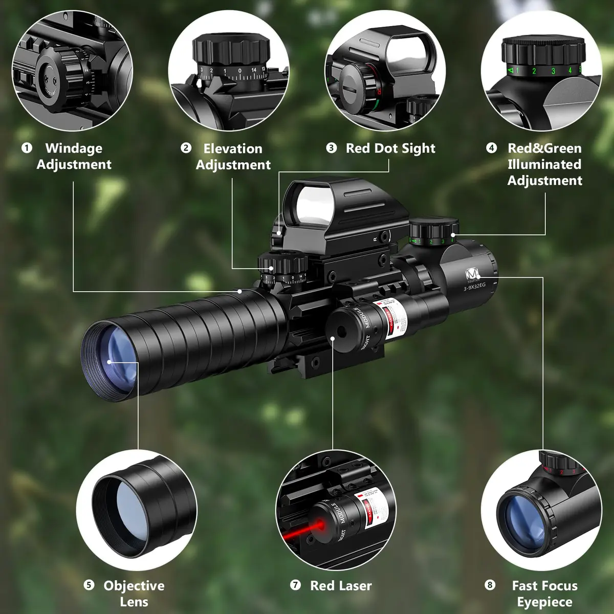 MidTen 3-9x32 4-in-1 Scope Combo with Dual Illuminated Scope Optics & Laser Rangefinder | Aim & Shoot - view 2