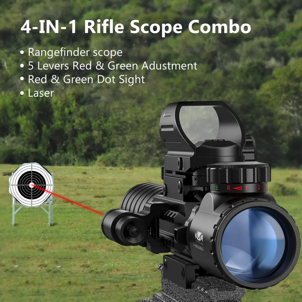 MidTen 3-9x32 4-in-1 Scope Combo with Dual Illuminated Scope Optics & Laser Rangefinder | Aim & Shoot - view 3