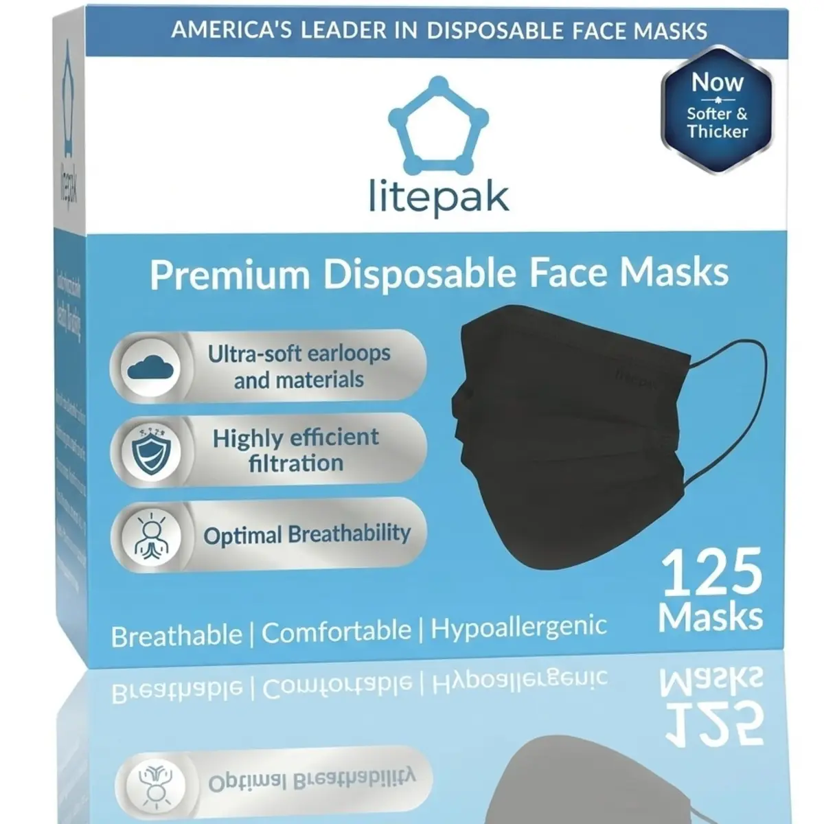 Litepak Disposable Face Mask 125-Pack Comfort Earloops with Dispenser Box (Black) | 3 Ply Adult Masks for Daily Use - main product image