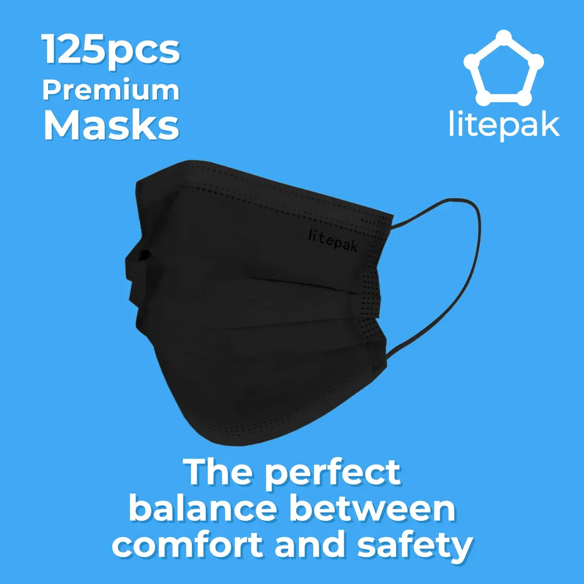 Litepak Disposable Face Mask 125-Pack Comfort Earloops with Dispenser Box (Black) | 3 Ply Adult Masks for Daily Use - view 6