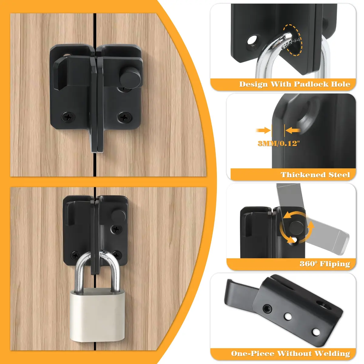 Alise Heavy Duty Flip Latch Gate Latch, Matte Black Stainless Steel Door Lock | For Barn Wood Fence Sliding Doors - view 5